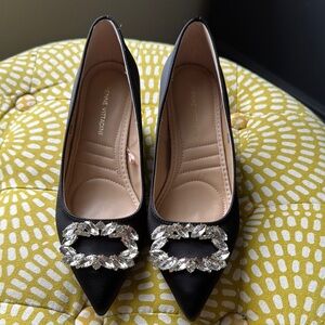 Elegant Black Satin Heels with Crystal Embellishments